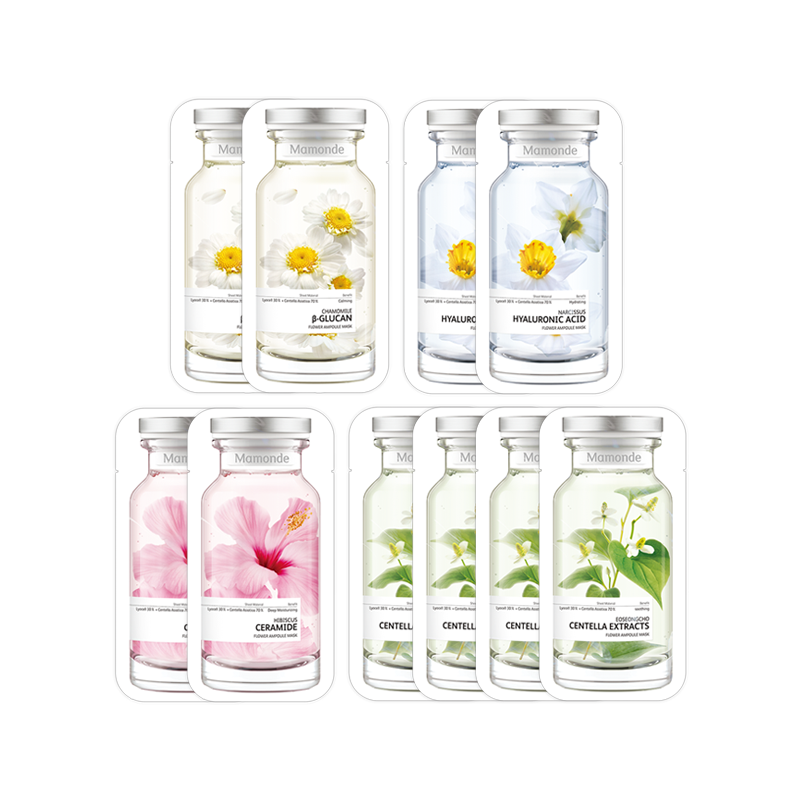 [10매] 플라워 앰플 마스크팩 세트(로즈+동백+수선화+어성초+캐모마일)